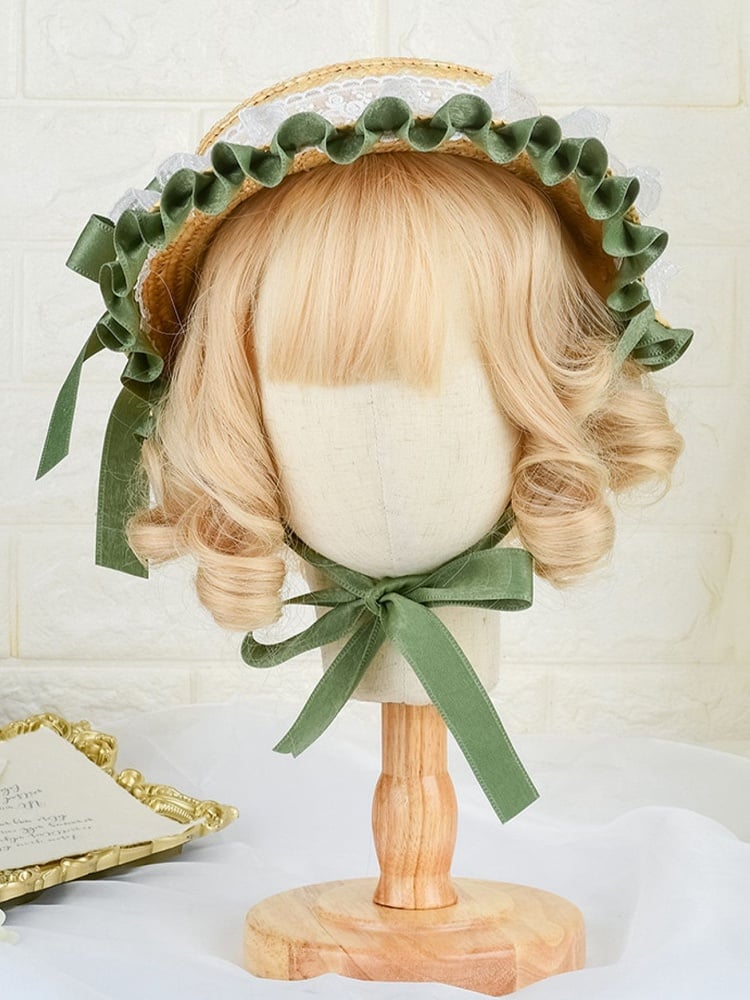 Green Straw Lace Lolita Detail Country Bow Hat