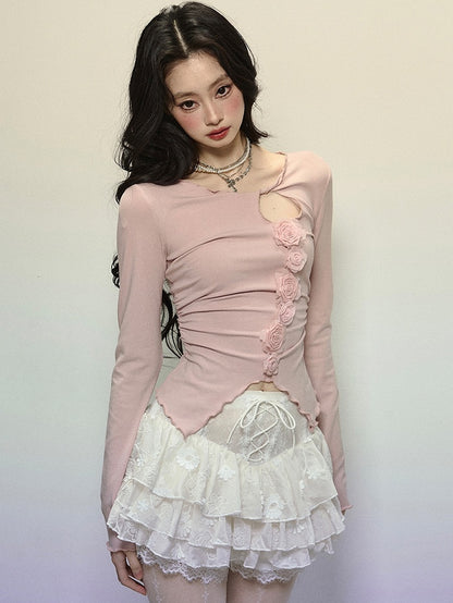 Pink Floral Design Slim-fit Cutout Top