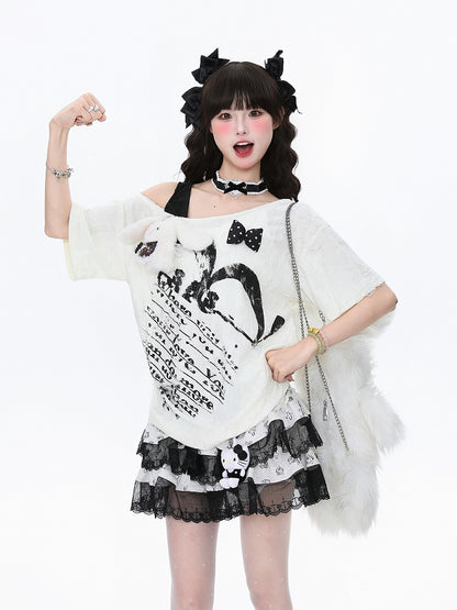 Bunny Plush One-Shoulder Accent Black/Apricot Tee Distresseded Asymmetrical with