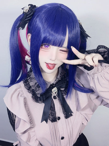 Und Länge Pony Rosa Highlight Mit Perücke 70CM Blau Gerade