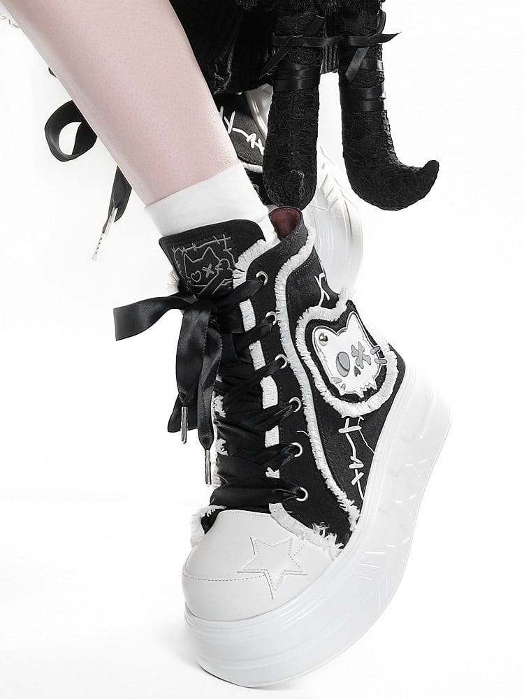 Black Platform Top High Otaku Patches Sneakers Cat - Canvas