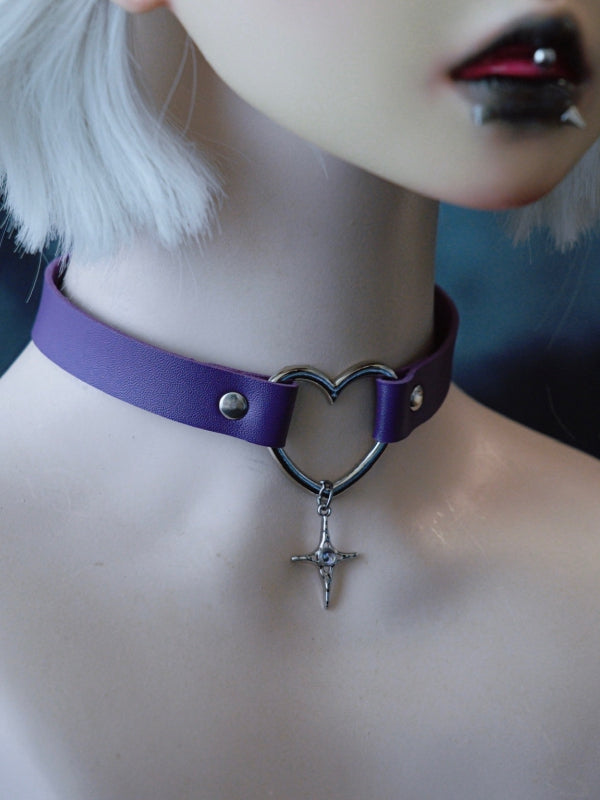 Purple Choker Cross Heart Pendant Gothic