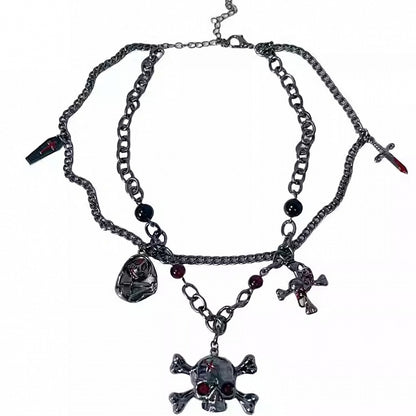 Silver Beaded Punk And Skeleton Necklace Decorated