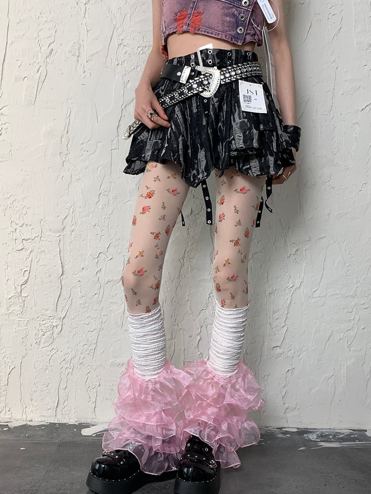 White Y2K + Pattern Multi-layered Set Floral Leg WhitePink Sleeves Lace Tights Trim