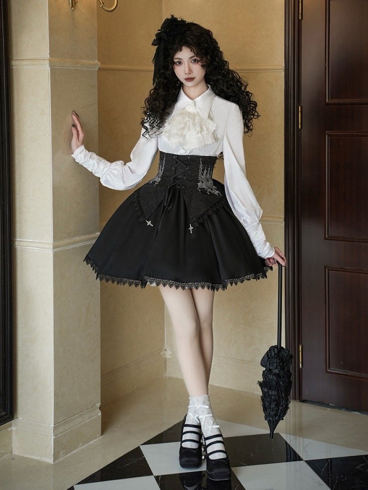 Schwarzer abnehmbarer Short mit Taillen-Lolita-Brustgurten, Gothic-Version, Rock mit hohem Unterteil
