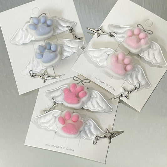 Blue Plush Cat Paw Wing Hairclips