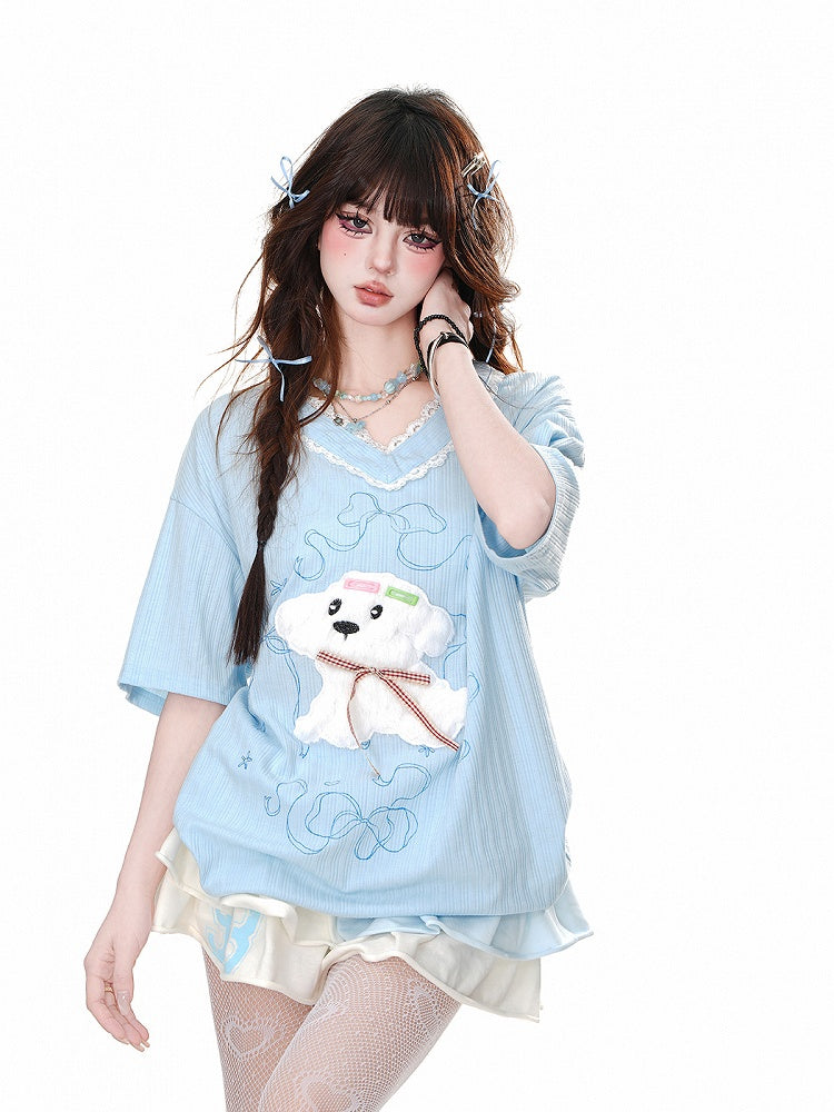 Loose Yume Adorable Puppy Pattern White/Blue T-Shirt Kawaii
