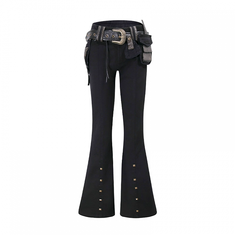 Buckle Waist Studded Cuffs Flared Pants with Black Low Belt