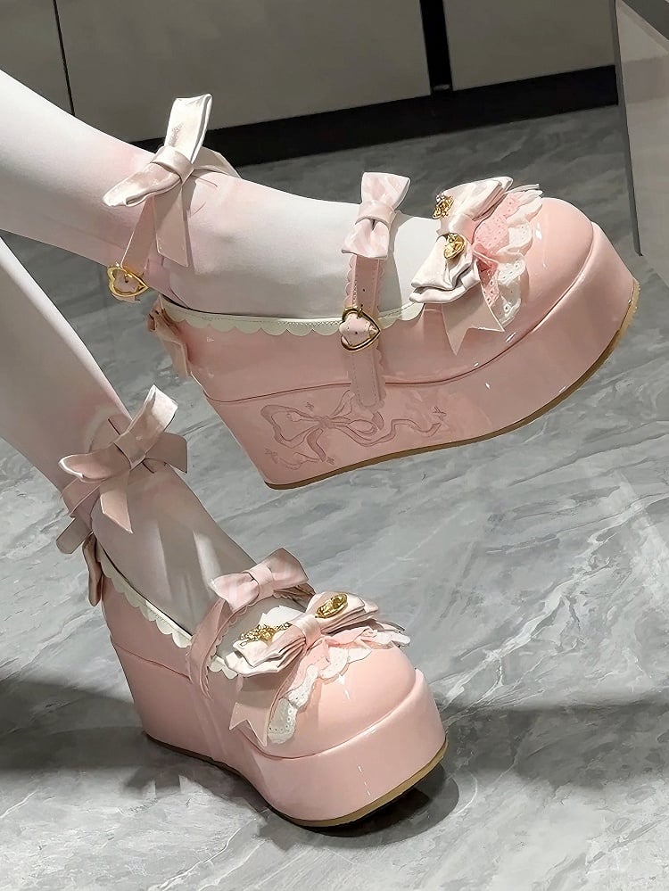 Bowknot Details Platforms Lolita Sweet Spoon Decorated Pink
