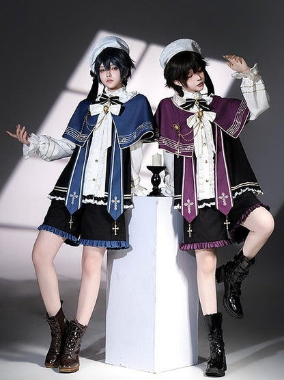 with and Top Set Musical Note Lolita Capelet + White Ouji Embroidered Blue Full Shorts