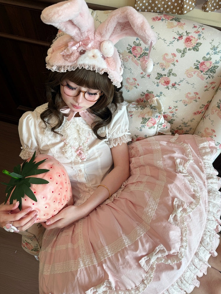 Pink & White Lace-Trimmed Skirt with Bow Accents - Hana Studio