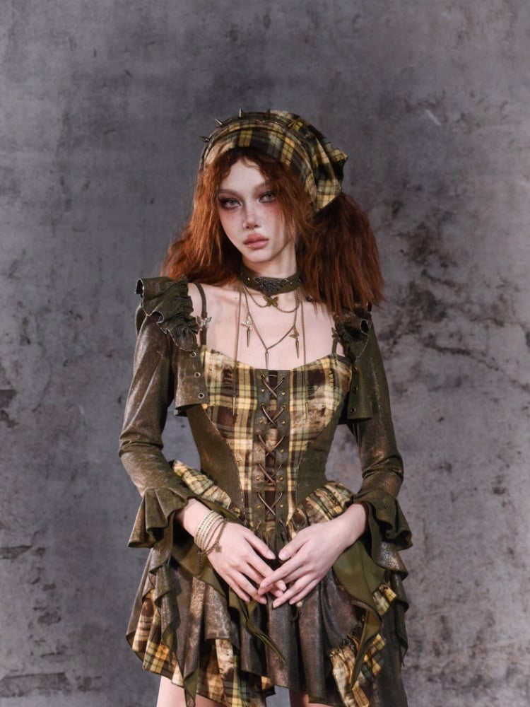 Green Plaid Handkerchief Hem Cami Dress with Lace-up Detail at Front