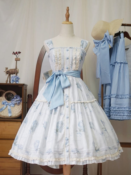 アジサイプリントのブルーのサマーフローラルドレス、フロントボタンのプラケットヘムのロリータジャンパースカート