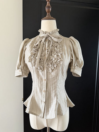 Champagne Ruffle Short Puff Sleeve Striped Lolita Blouse - Flower Fairy Daily
