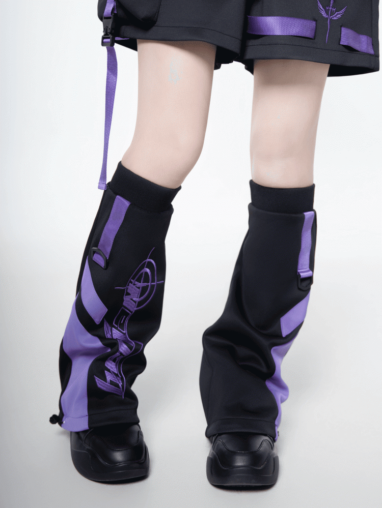 Colorblock Cyberpunk Warmers Leg Embroidered Black Purple