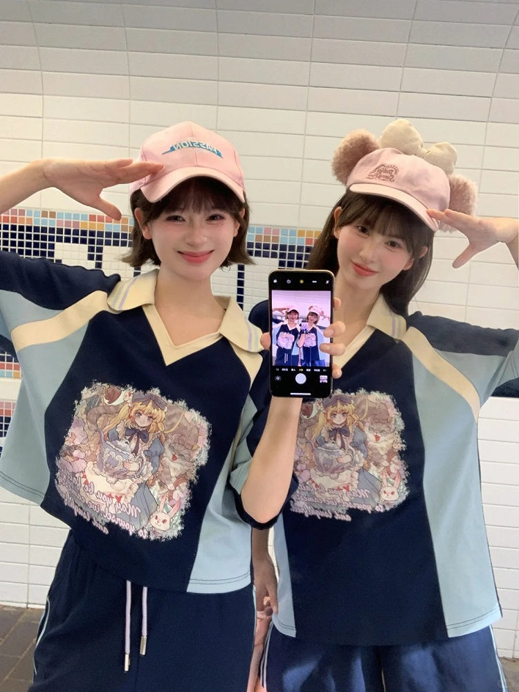 Version Navy Blue Colorblock Design V-neck Anime Girl Print T-shirt Long/Short