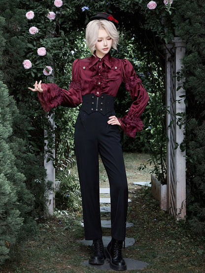 Gothic Satin Ruffle Blouse with Dramatic Collar and Lace Cuffs - DevilInspired Exclusive Collection