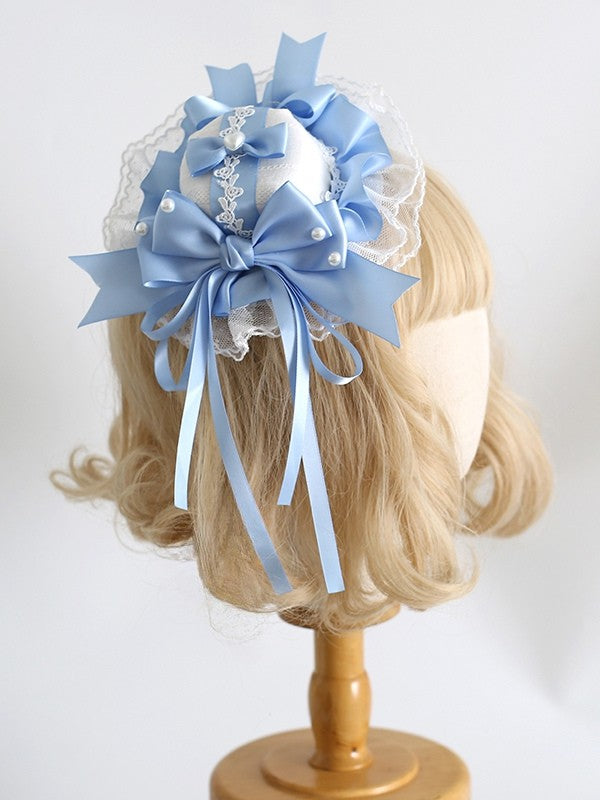 BlueWhite Clips Trim Lolita Decorated Details Sweet Lace Beaded Mini With Hat Bowknot