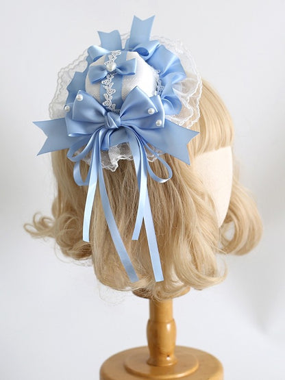 BlueWhite Clips Trim Lolita Decorated Details Sweet Lace Beaded Mini With Hat Bowknot