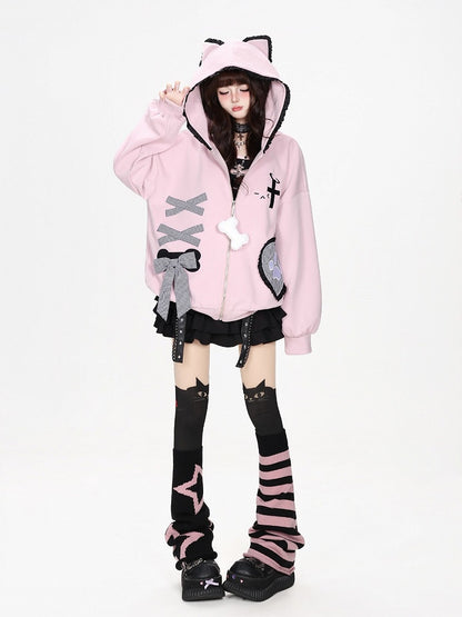 Kawaii Ruffled Kitty-Ear Hooded Jacket with Bow and Heart Patch in Pink - CRAZY GIRL