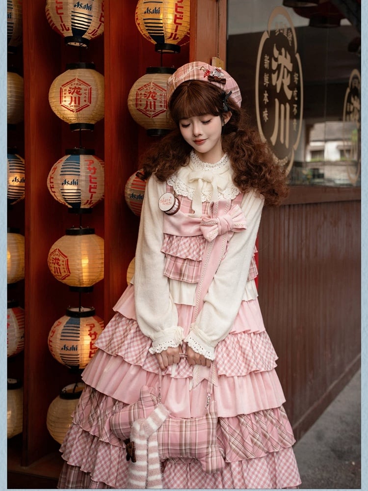 Layered Long Jumper Skirt in Pink Plaid Patchwork with Bowknot Brooch - iris de nuit