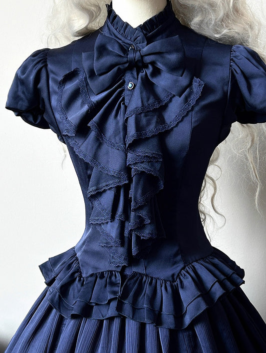 Dark Blue Puff Short Sleeves Gothic Lolita  Blouse
