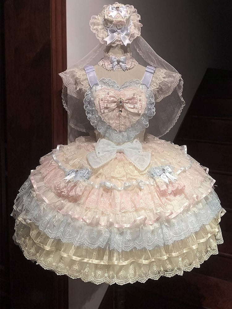 Lolita Multi-Layered Hime Dress Bows with and Pastel Ribbons Rainbow Hanayome