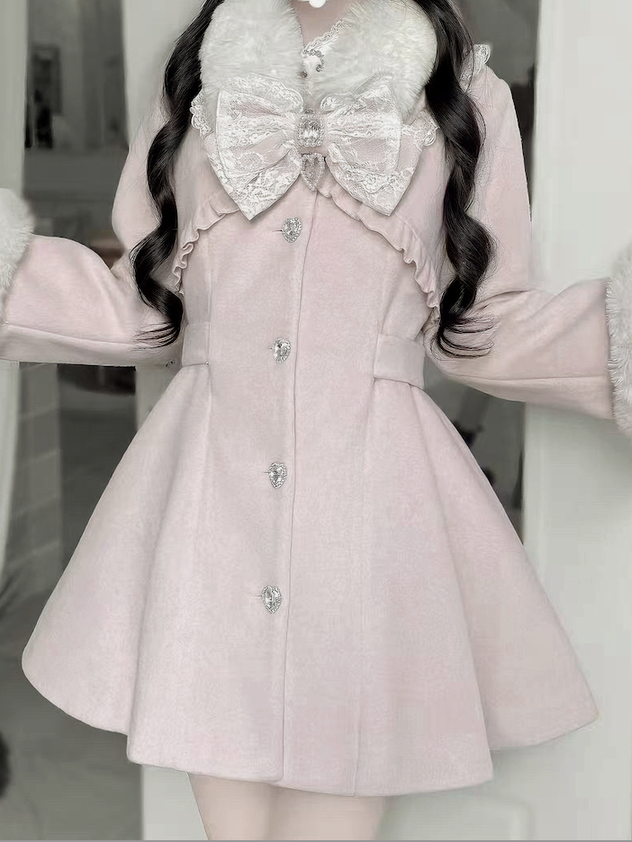 Buttons Jirai with Heart Rhinestone Waist-Cinched Coat Pink Kei