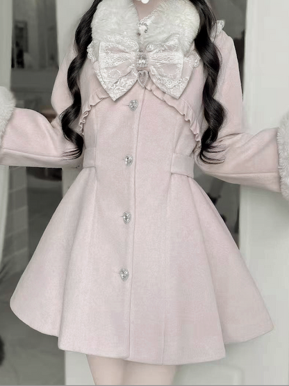 Buttons Jirai with Heart Rhinestone Waist-Cinched Coat Pink Kei