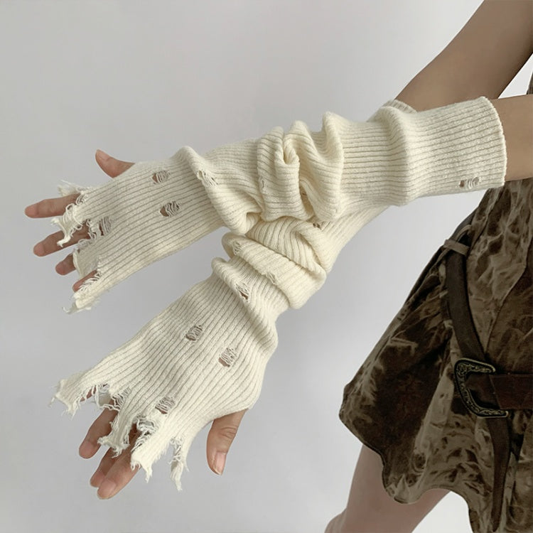 Distressed Holes Fingerless Knitted Long Gloves