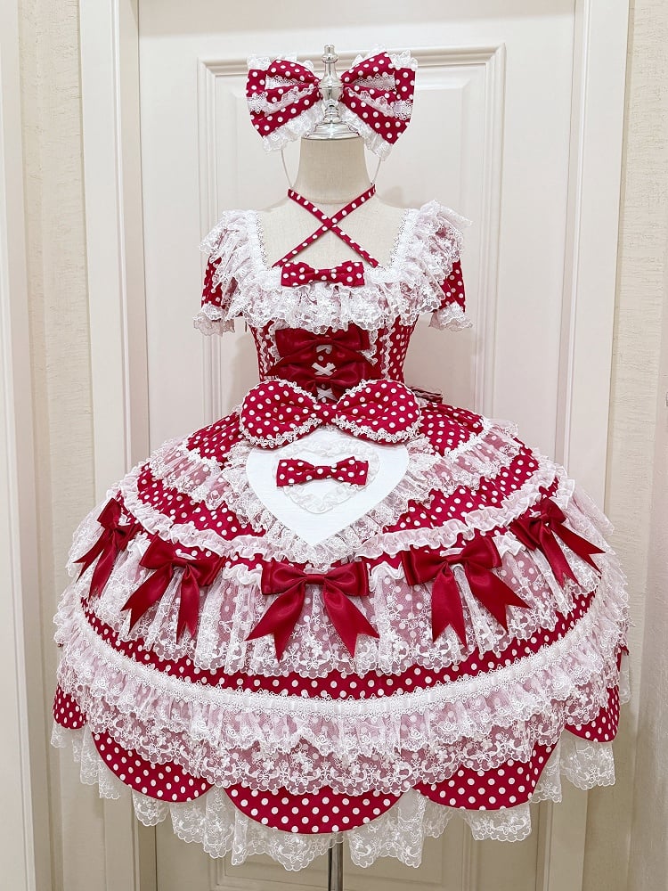 Dots Lolita Old Accents Sleeves Red Short Dress Pattern School Polka Bow