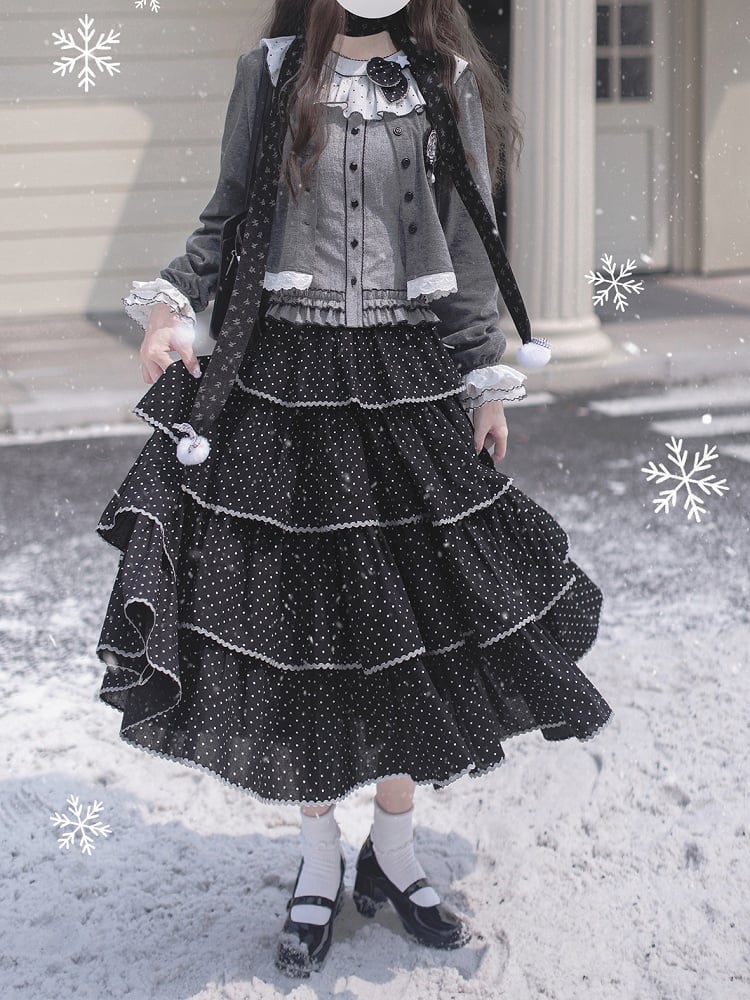Front Button Sleeves Ruffle Polka Top: Collar Gray Dot with Juliette Kitten Aesthetic