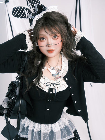 Top Size Hem Knit Polka Ruffle Neckline Black Plus Cami Dot White with Lace