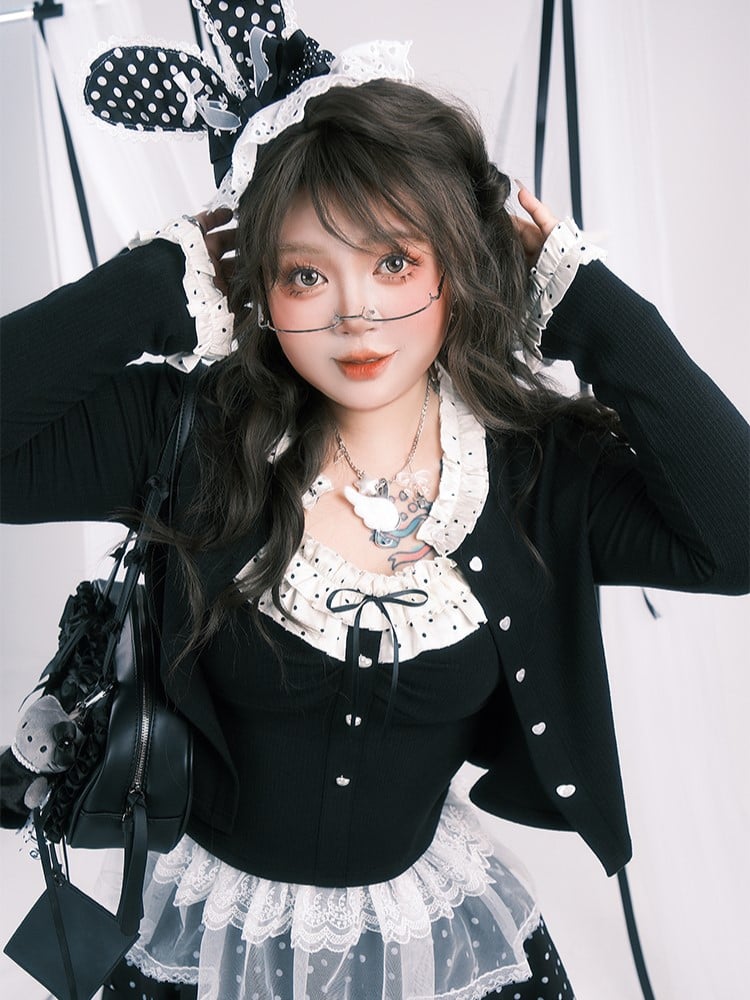 Plus Dot Buttons Cardigan with Polka Size Heart Trim Black Ruffle