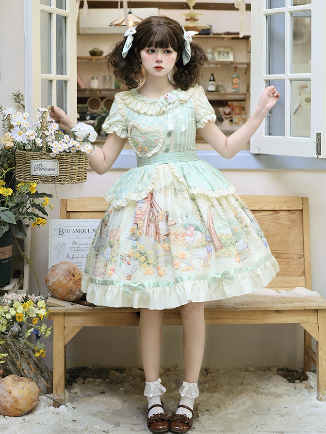 Lolita Short Duckling Sunflower Sweet Print and Sleeves Dress