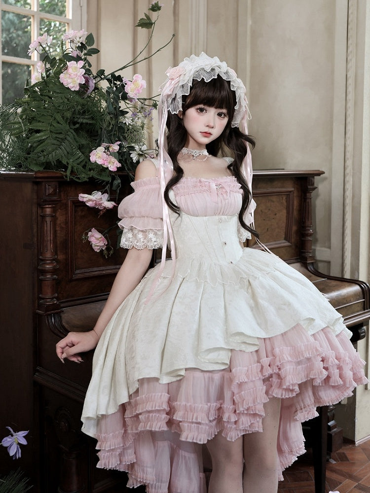 Gothic Underbust JSK Dress with Off-Shoulder Blouse, Pink & White, High-Low Skirt - Sheer Ocean