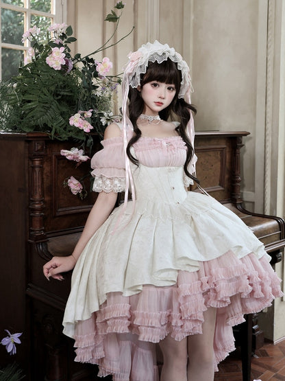 Gothic Underbust JSK Dress with Off-Shoulder Blouse, Pink & White, High-Low Skirt - Sheer Ocean