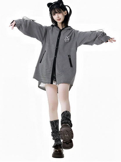 White Plaid Panda Embroidery Drawstring and Black Cuffs Hooded Top