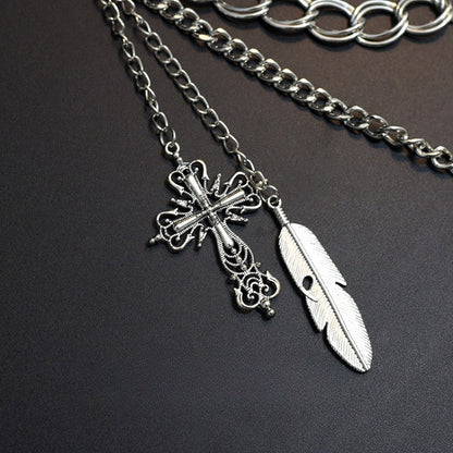 サイバーパンクゴシックシルバークロスチャームウエストチェーン+ブラックウエストベルト