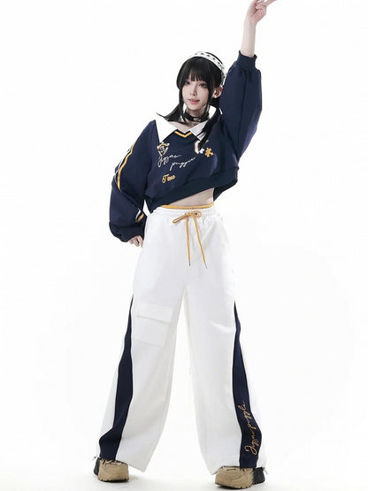 Collared Sweatshirt Preppy Cropped with Print Number Blue Dark Shield Patch