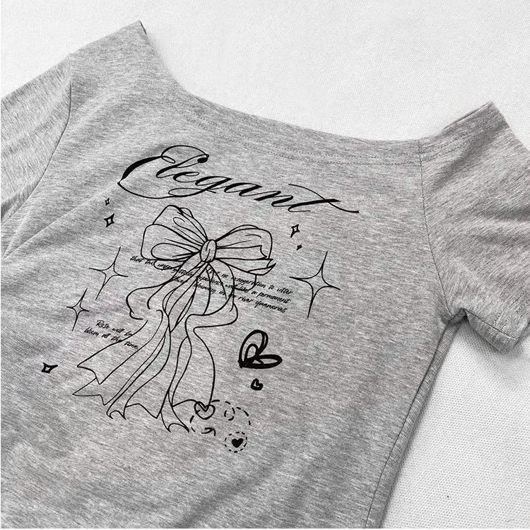 レースプリントの華やかなレターネックラインのリボン、非対称、グレー