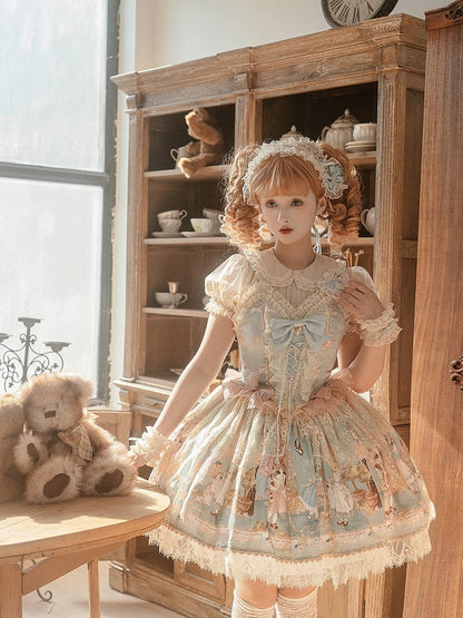 ティースイートジャンパーパーティーロリータグリーンスカートミントキティプリントコルセットドレスボディス