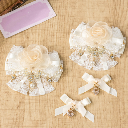 Jirai Kei Dusty Pink/Apricot/Black Heart Charm Hairclips Bowknot