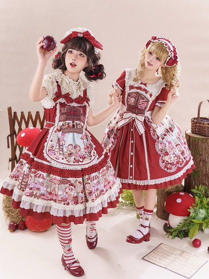 Sweet Red Lolita Jumper Dress with Fruity Print and Lace Trim - Honey Machine