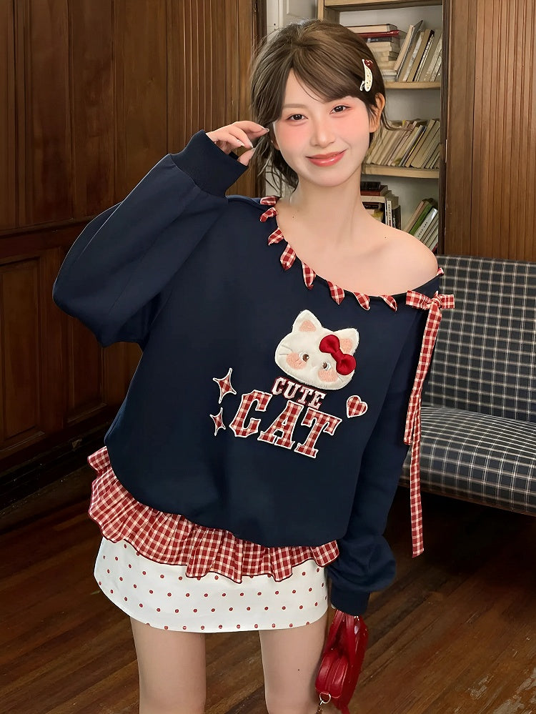 Red Asymmetrical Neckline Kitty Embroidery Applique Navy Plaid Self-tie Sweatshirt Straps at Blue