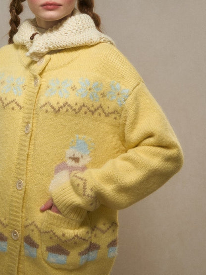 Snowman Charm Cardigan Knit Button-Front - Kawaii Yellow/Black/Pink Vintage Jacquard