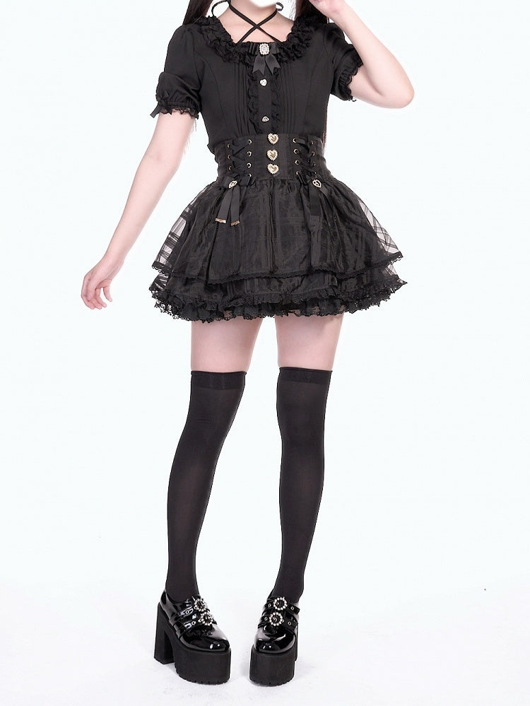 Skirt Waist Jirai with Bowknot Smocked Lace-up Accents Triple-Layer Black Kei Organza