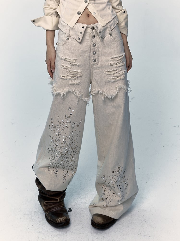 Aprikosenfarbene Distressed-Jeans mit weitem Bein und Strass