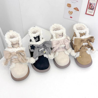 - Apricot Pompom 5.5cm Platform Fastening Lolita Bow Sweet Beige with Lining Ankle Boots Dual Plush