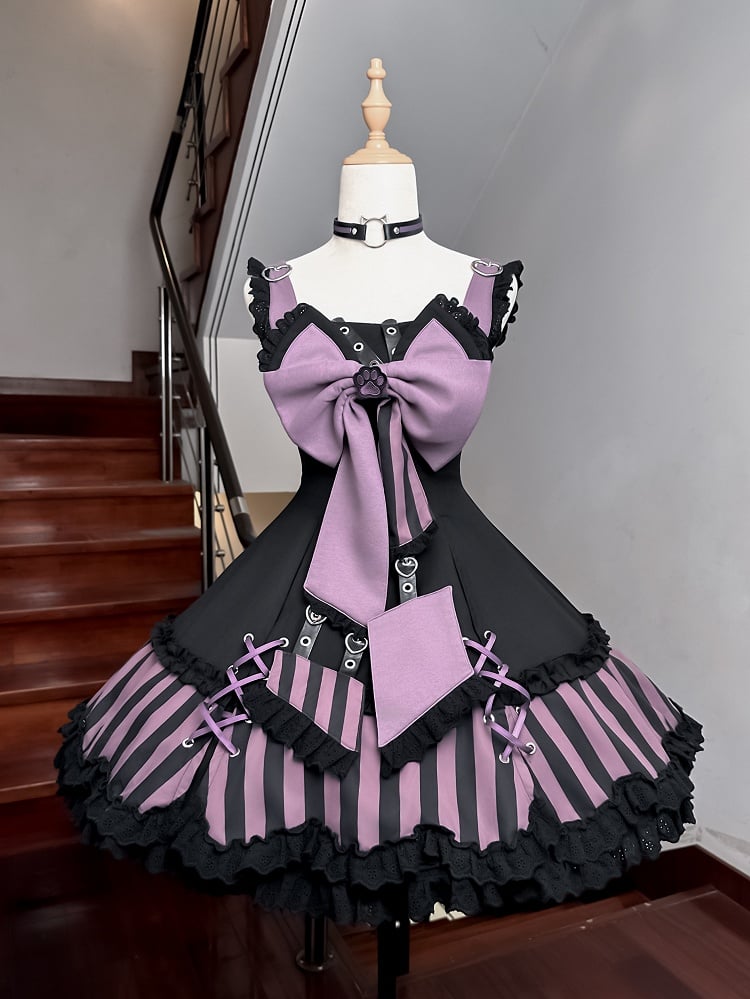 Kitty Gothic Striped + JSK Top Bow and Dress Pattern Ears Black Sailor Collar Lolita Big Purple Cropped
